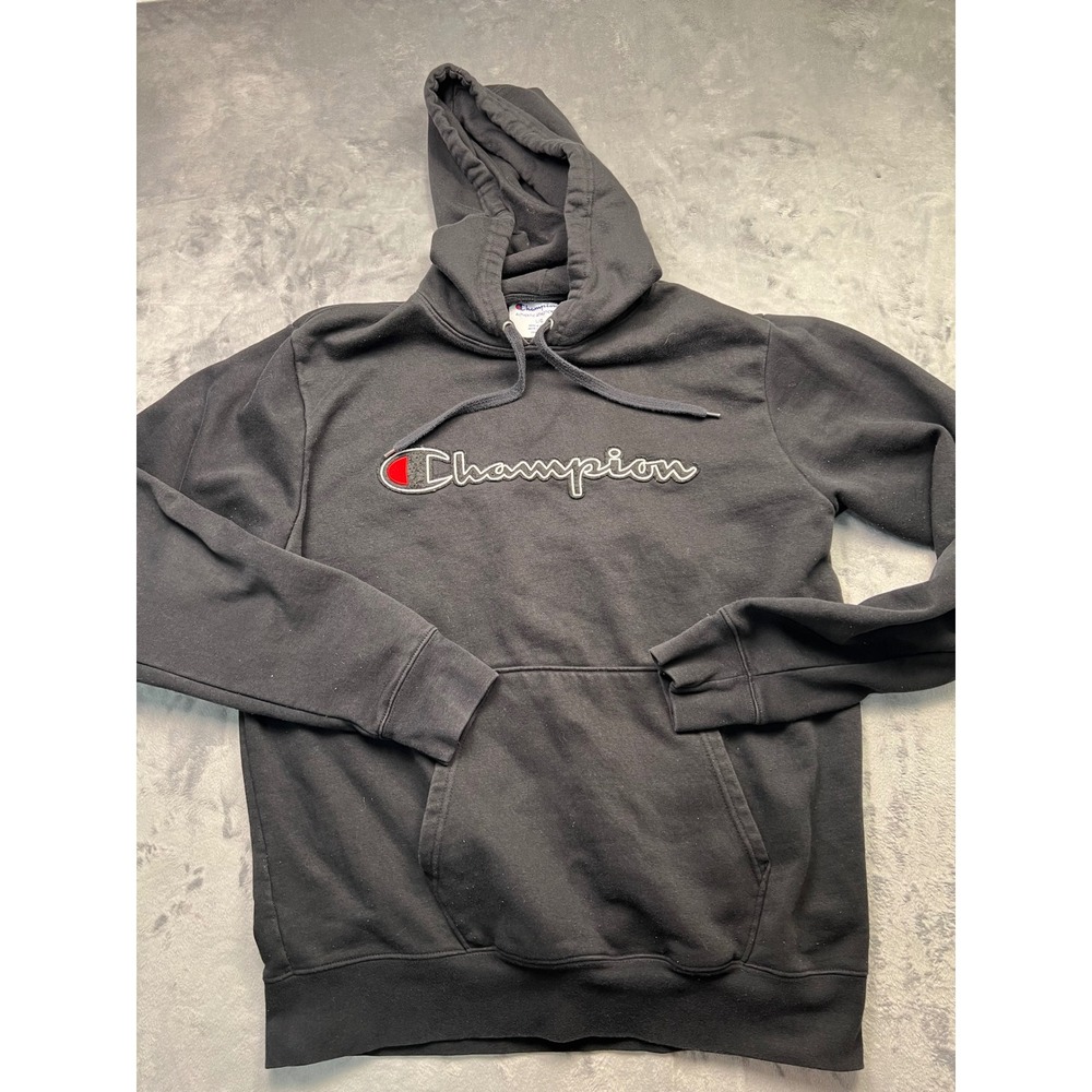 Champion Authentic Athleticwear Black Pullover Hoodie Chenille Script Logo Large